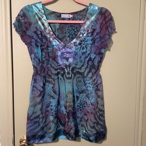 Unity World Wear Multicolor V-Neck Blouse Sz Med
